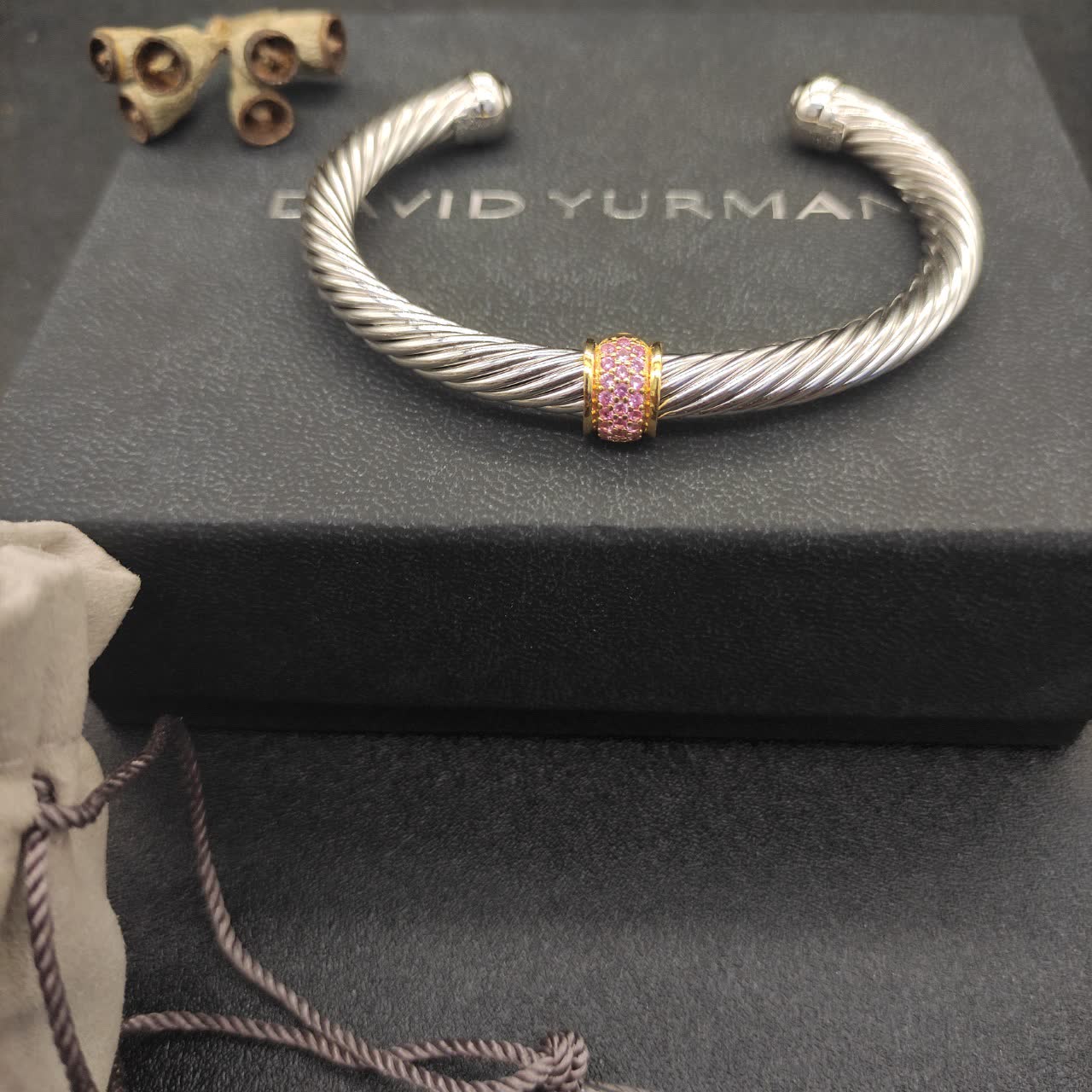 David Yurman Silver Cable Bracelet with Pink Gemstone